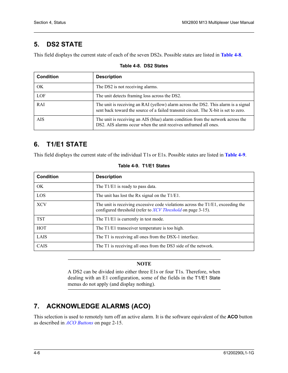 Ds2 state, T1/e1 state, Acknowledge alarms (aco) | Ds2 state -6, T1/e1 state -6, Acknowledge alarms (aco) -6, 6 in this | ADTRAN MX2800 M13 User Manual | Page 90 / 200