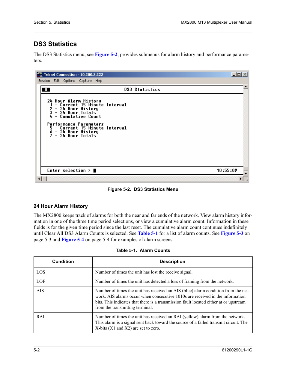 Ds3 statistics, 24 hour alarm history, Ds3 statistics -2 | 24 hour alarm history -2, Figure 5-2. ds3 statistics menu -2, Table 5-1. alarm counts -2 | ADTRAN MX2800 M13 User Manual | Page 92 / 200