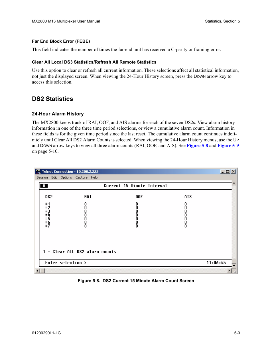 Far end block error (febe), Ds2 statistics, Hour alarm history | Ds2 statistics -9, Hour alarm history -9 | ADTRAN MX2800 M13 User Manual | Page 99 / 200