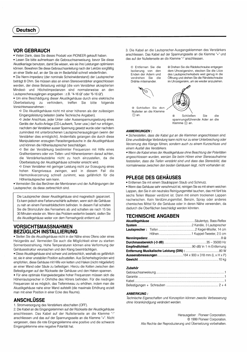 Deutsch, Vor gebrauch, Vorsichtsmassnahmen bezüglich installierung | Anschlüsse, Pflege des gehäuses, Technische angaben, Deutsch} vor gebrauch | Pioneer S-H309V User Manual | Page 2 / 8