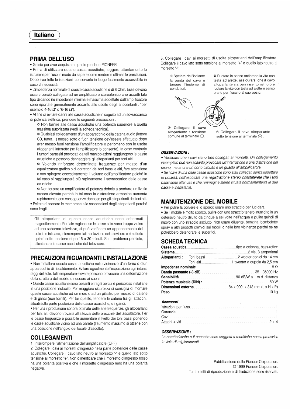 Italiano '), Prima dell’uso, Precauzioni riguardanti l’installazione | Collegamenti, Manutenzione del mobile, Scheda tecnica, Italiano | Pioneer S-H309V User Manual | Page 3 / 8