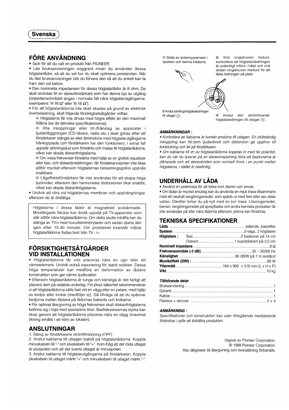 Svenska, Fore anvandning, Forsiktighetsatgarder vid installationen | Anslutningar, Underhàll av làda, Tekniska specifikationer, Svenska} fore anvandning | Pioneer S-H309V User Manual | Page 5 / 8