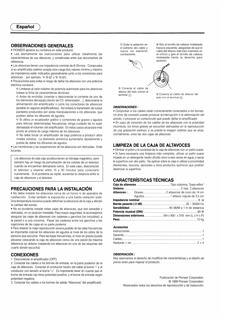 Español '), Observaciones generales, Precauciones para la instalacion | Conexiones, Limpieza de la caja de altavoces, Características técnicas, Español | Pioneer S-H309V User Manual | Page 6 / 8