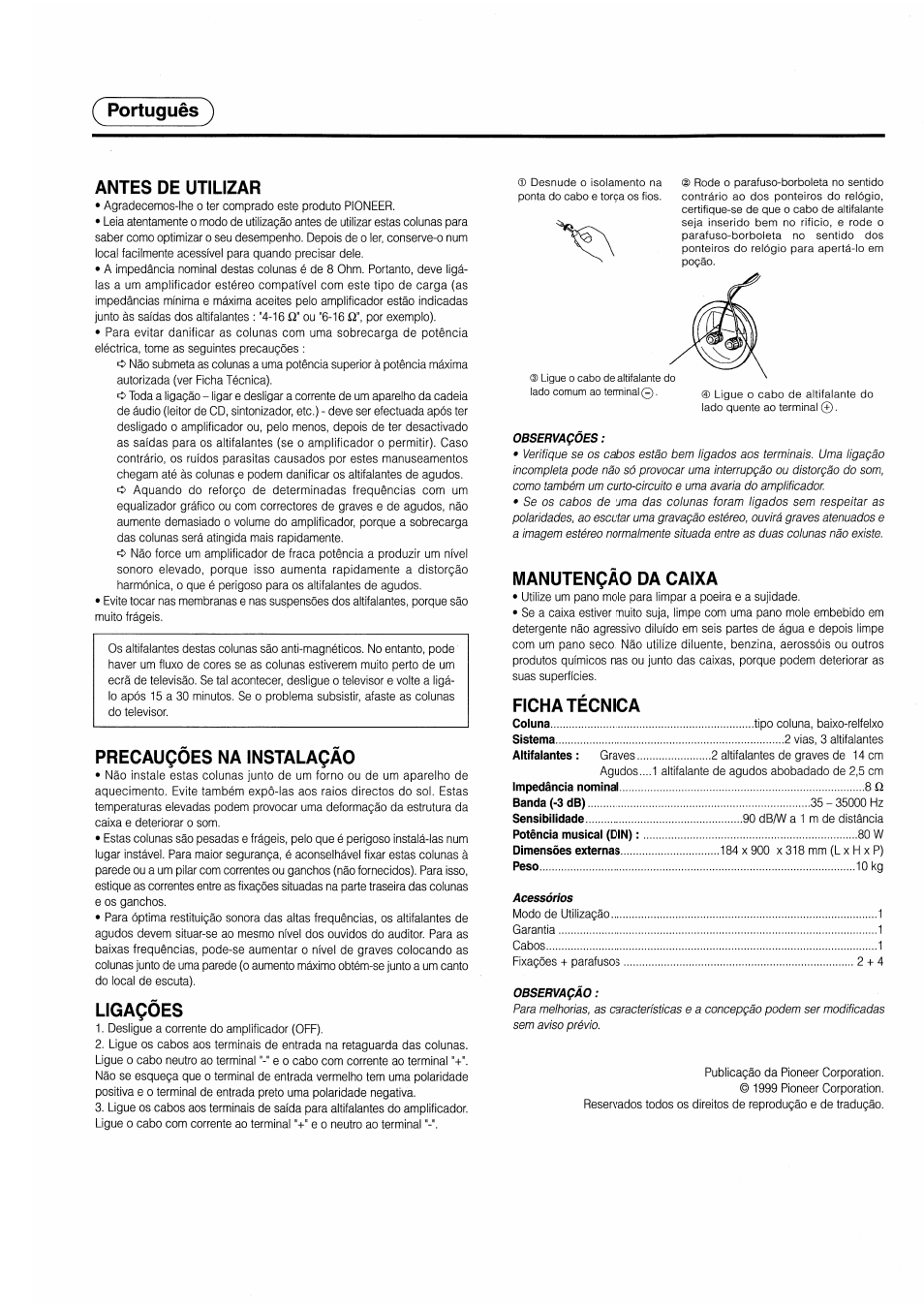 Ç portugués, Antes de utilizar, Precauçoes na instalaçao | Ligaçôes, Manutençâo da caixa, Ficha técnica, Portugués ^ antes de utilizar | Pioneer S-H309V User Manual | Page 7 / 8