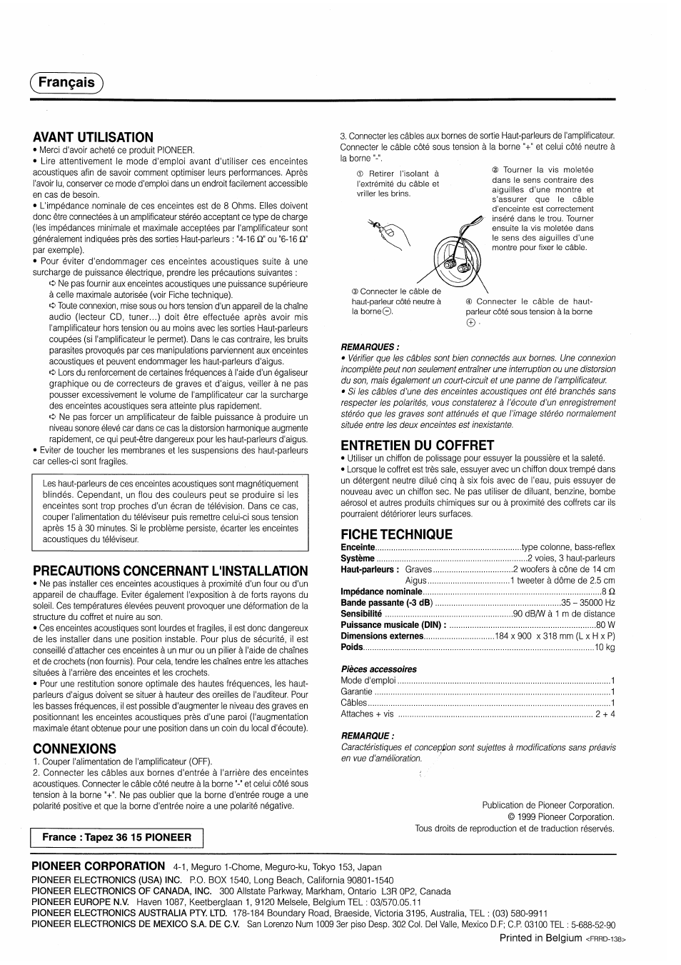 Français, Avant utilisation, Precautions concernant l'installation | Connexions, Entretien du coffret, Fiche technique, Français^ avant utilisation | Pioneer S-H309V User Manual | Page 8 / 8