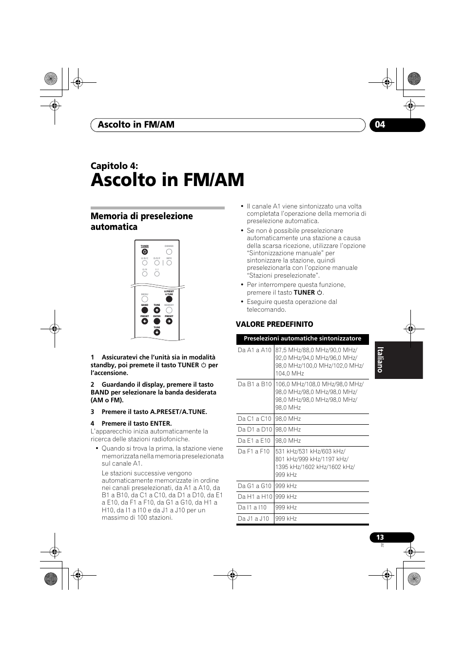 Memoria di preselezione automatica, Ascolto in fm/am, Ascolto in fm/am 04 | Capitolo 4, Valore predefinito | Pioneer F-F3MK2-K User Manual | Page 101 / 156