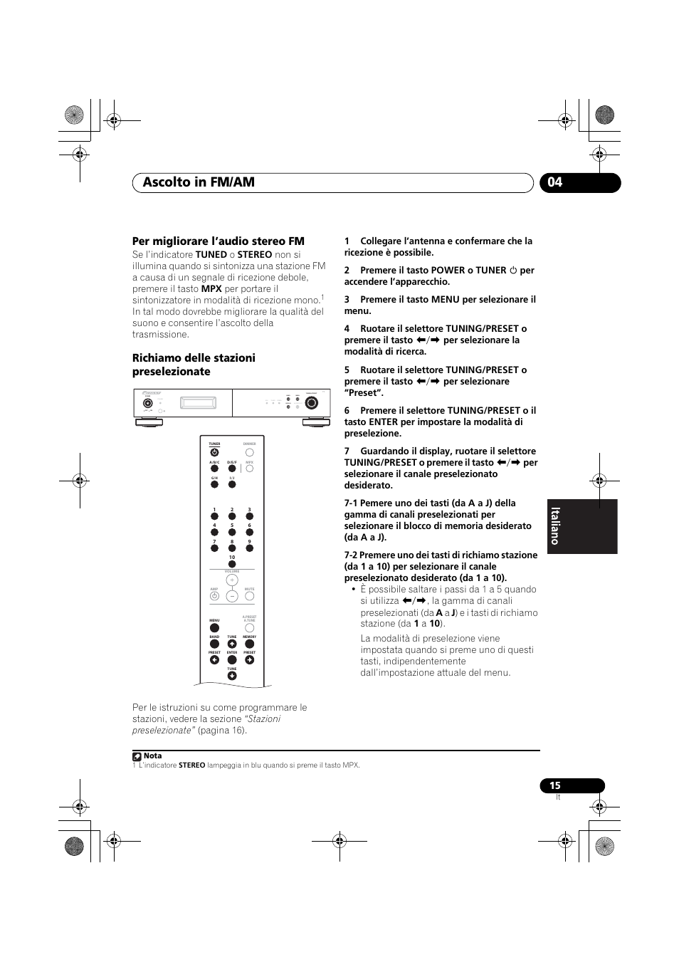 Ascolto in fm/am 04, Per migliorare l’audio stereo fm, Richiamo delle stazioni preselezionate | Standby, Rds tuned stereo band display auto preset menu | Pioneer F-F3MK2-K User Manual | Page 103 / 156