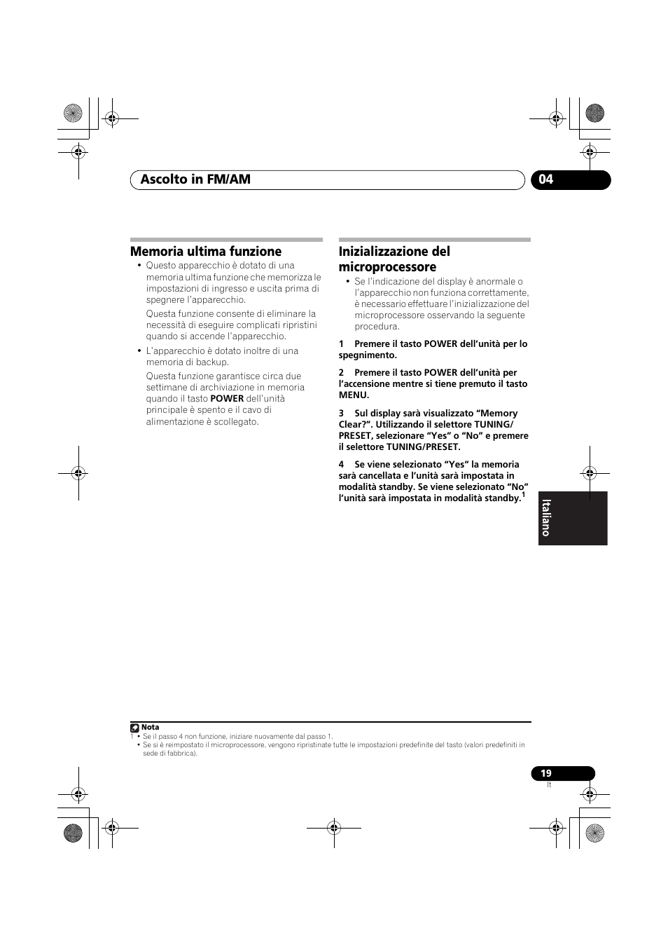 Memoria ultima funzione, Inizializzazione del microprocessore, Ascolto in fm/am 04 | Pioneer F-F3MK2-K User Manual | Page 107 / 156