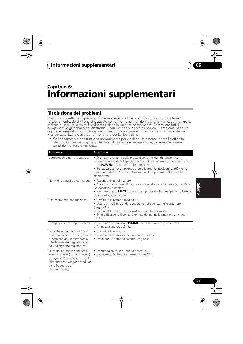 Risoluzione dei problemi, Informazioni supplementari, Informazioni supplementari 06 | Capitolo 6 | Pioneer F-F3MK2-K User Manual | Page 109 / 156