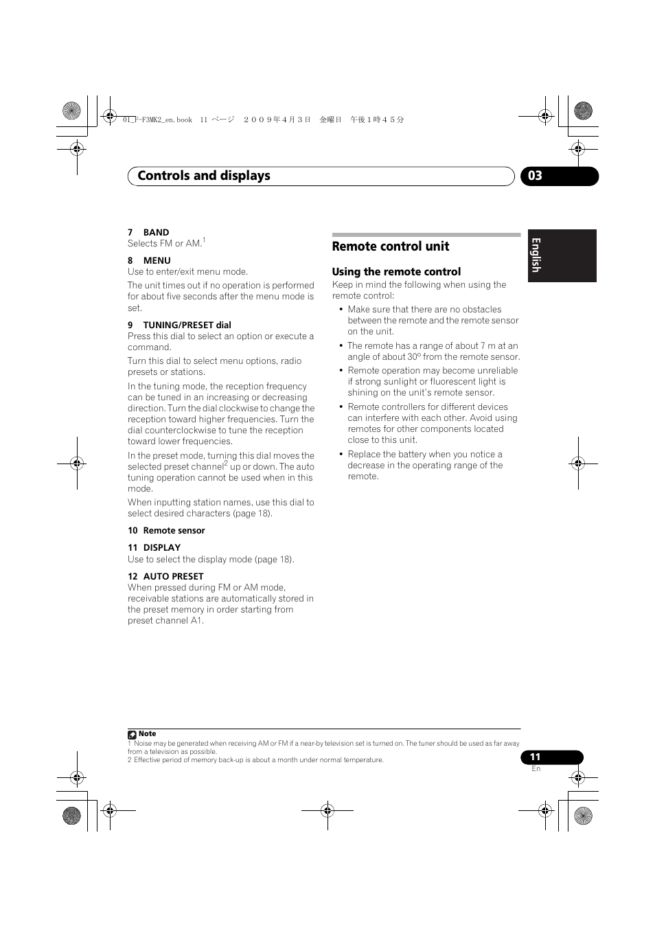 Remote control unit, Controls and displays 03 | Pioneer F-F3MK2-K User Manual | Page 11 / 156
