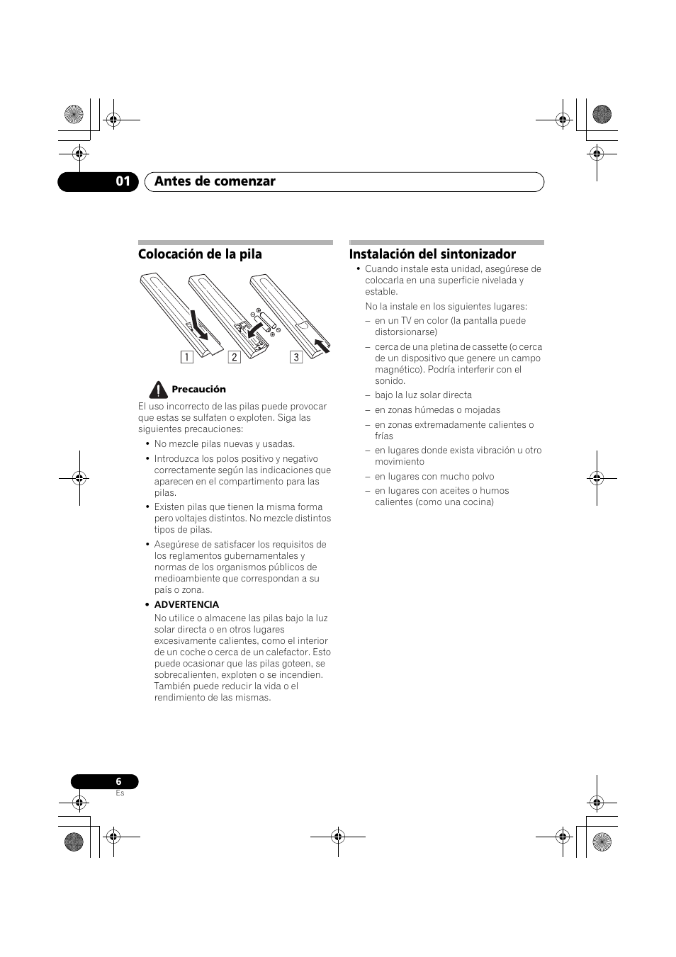 Colocación de la pila, Instalación del sintonizador, Antes de comenzar 01 | Pioneer F-F3MK2-K User Manual | Page 116 / 156