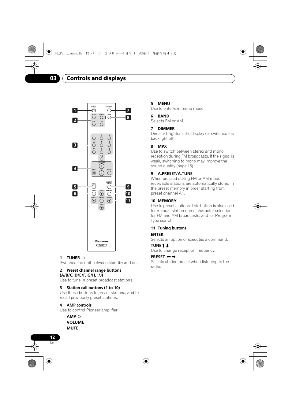 Controls and displays 03 | Pioneer F-F3MK2-K User Manual | Page 12 / 156