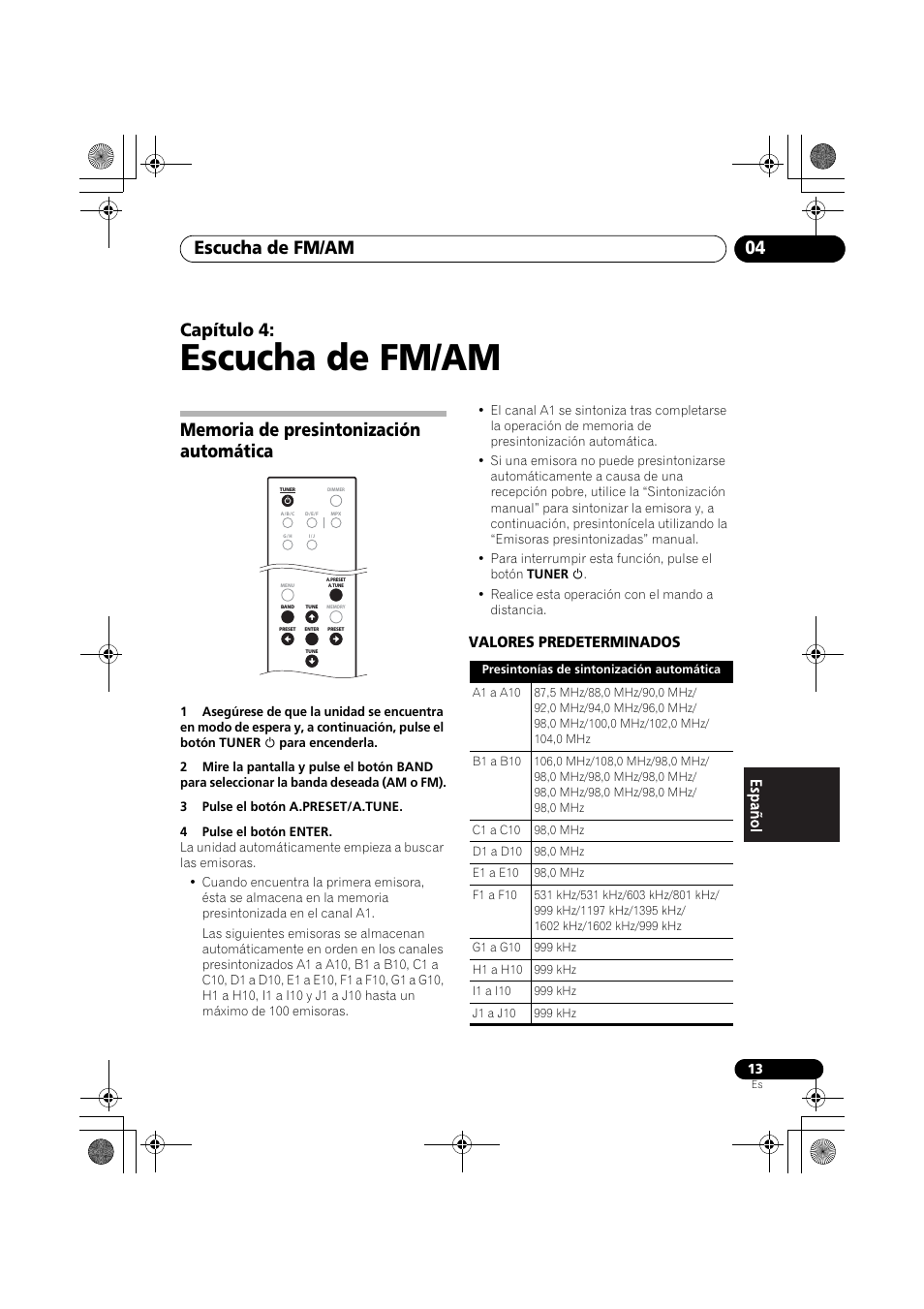 Memoria de presintonización automática, Escucha de fm/am, Escucha de fm/am 04 | Capítulo 4, Valores predeterminados | Pioneer F-F3MK2-K User Manual | Page 123 / 156