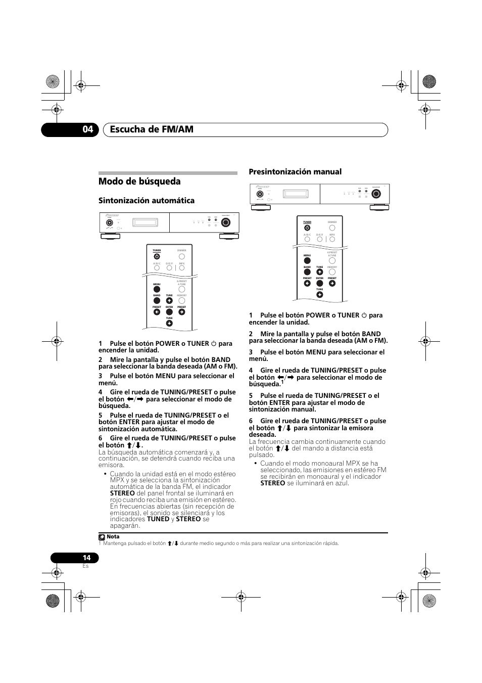 Modo de búsqueda, Escucha de fm/am 04, Sintonización automática | Presintonización manual, Standby, Rds tuned stereo band display auto preset menu | Pioneer F-F3MK2-K User Manual | Page 124 / 156