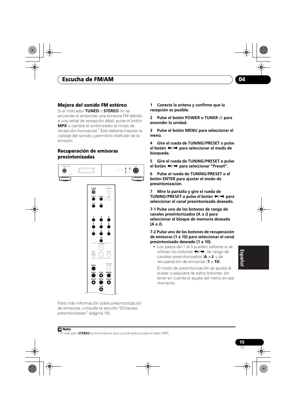 Escucha de fm/am 04, Mejora del sonido fm estéreo, Recuperación de emisoras presintonizadas | Standby, Rds tuned stereo band display auto preset menu | Pioneer F-F3MK2-K User Manual | Page 125 / 156