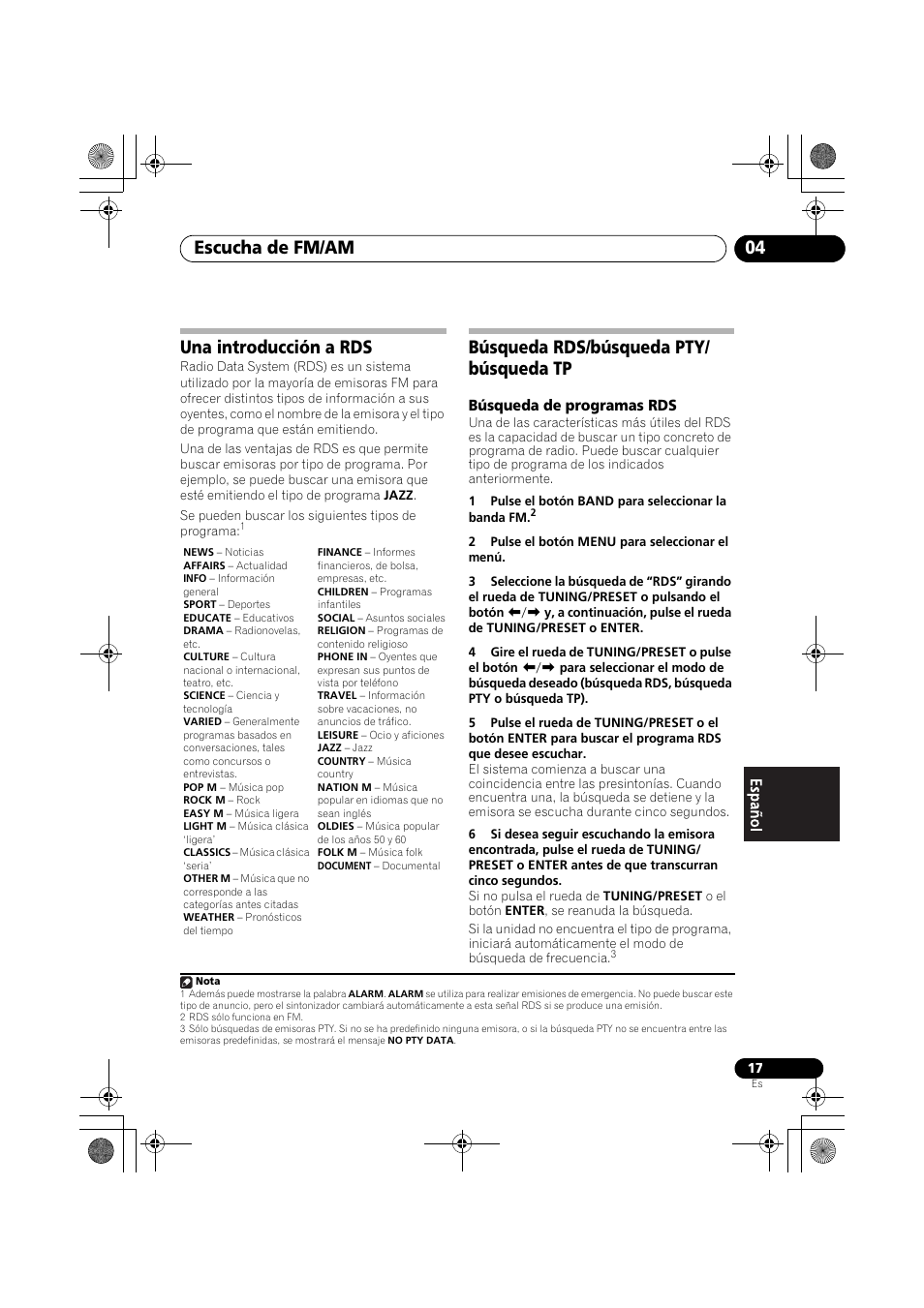 Una introducción a rds, Búsqueda rds/búsqueda pty/búsqueda tp, Escucha de fm/am 04 | Búsqueda rds/búsqueda pty/ búsqueda tp | Pioneer F-F3MK2-K User Manual | Page 127 / 156