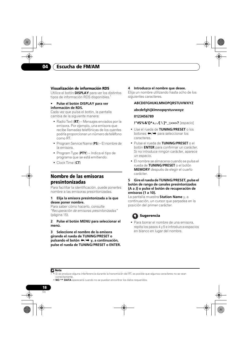 Nombre de las emisoras presintonizadas, Escucha de fm/am 04 | Pioneer F-F3MK2-K User Manual | Page 128 / 156