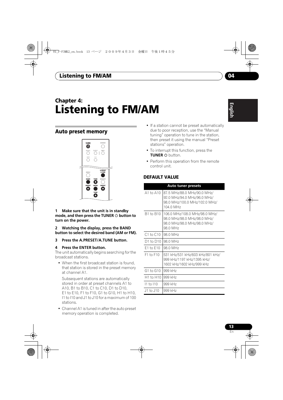 Auto preset memory, Listening to fm/am, Listening to fm/am 04 | Chapter 4, Default value | Pioneer F-F3MK2-K User Manual | Page 13 / 156