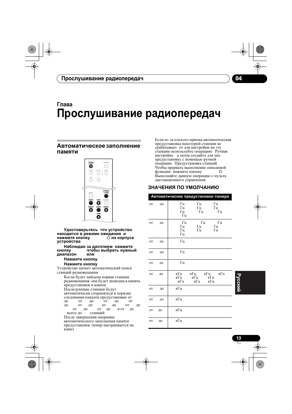Автоматическое заполнение памяти, Прослушивание радиопередач fm/am, Прослушивание радиопередач fm/am 04 | Глава 4, Значения по умолчанию | Pioneer F-F3MK2-K User Manual | Page 145 / 156