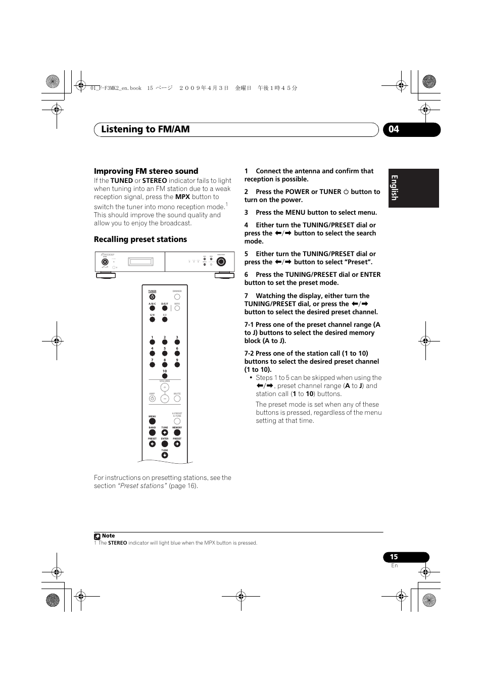 Listening to fm/am 04, Improving fm stereo sound, Recalling preset stations | Standby, Rds tuned stereo band display auto preset menu | Pioneer F-F3MK2-K User Manual | Page 15 / 156