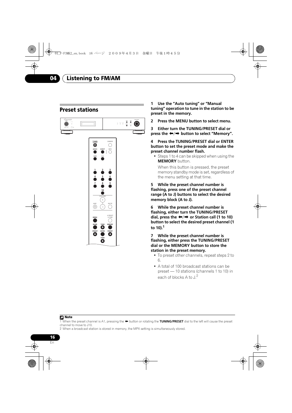 Preset stations, Listening to fm/am 04, Standby | Rds tuned stereo band display auto preset menu | Pioneer F-F3MK2-K User Manual | Page 16 / 156