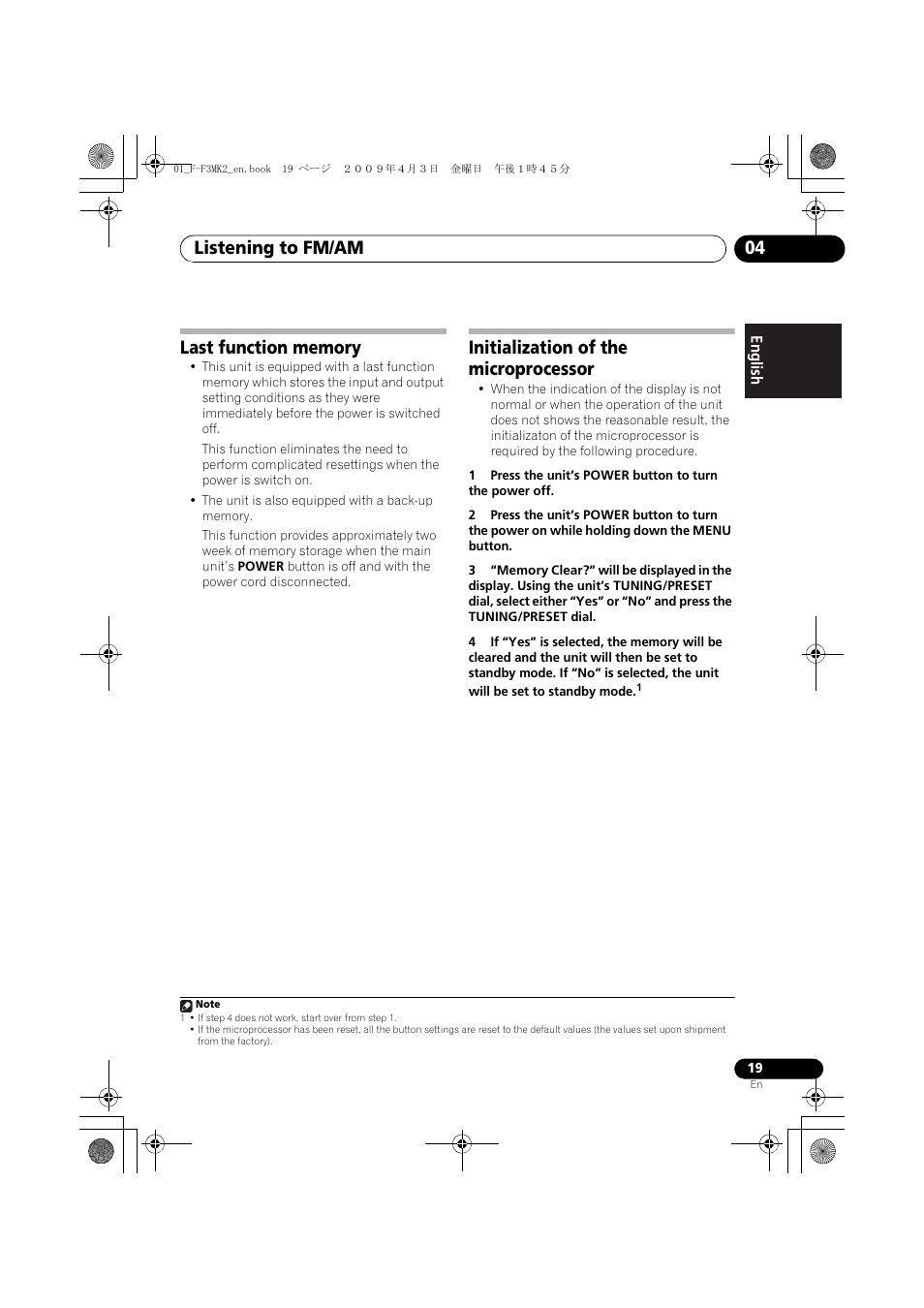 Last function memory, Initialization of the microprocessor, Listening to fm/am 04 | Pioneer F-F3MK2-K User Manual | Page 19 / 156