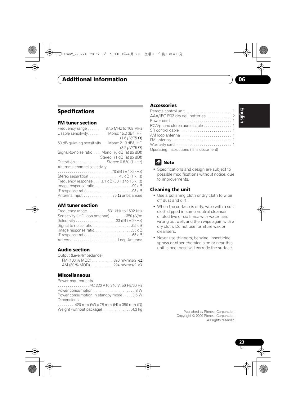 Specifications, Additional information 06 | Pioneer F-F3MK2-K User Manual | Page 23 / 156
