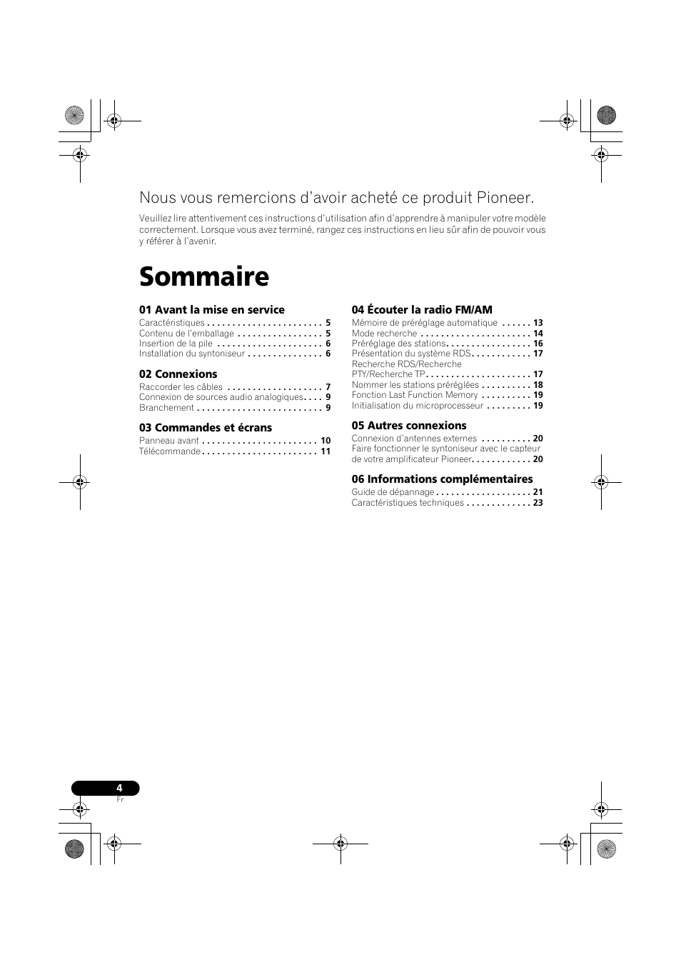 Tuner am/fm, Sommaire | Pioneer F-F3MK2-K User Manual | Page 26 / 156