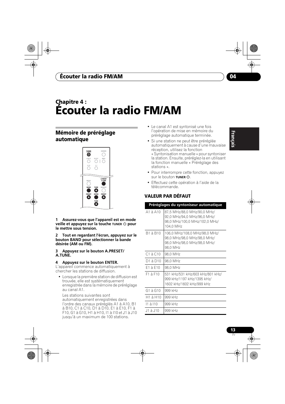 Mémoire de préréglage automatique, Écouter la radio fm/am, Écouter la radio fm/am 04 | Chapitre 4, Valeur par défaut | Pioneer F-F3MK2-K User Manual | Page 35 / 156
