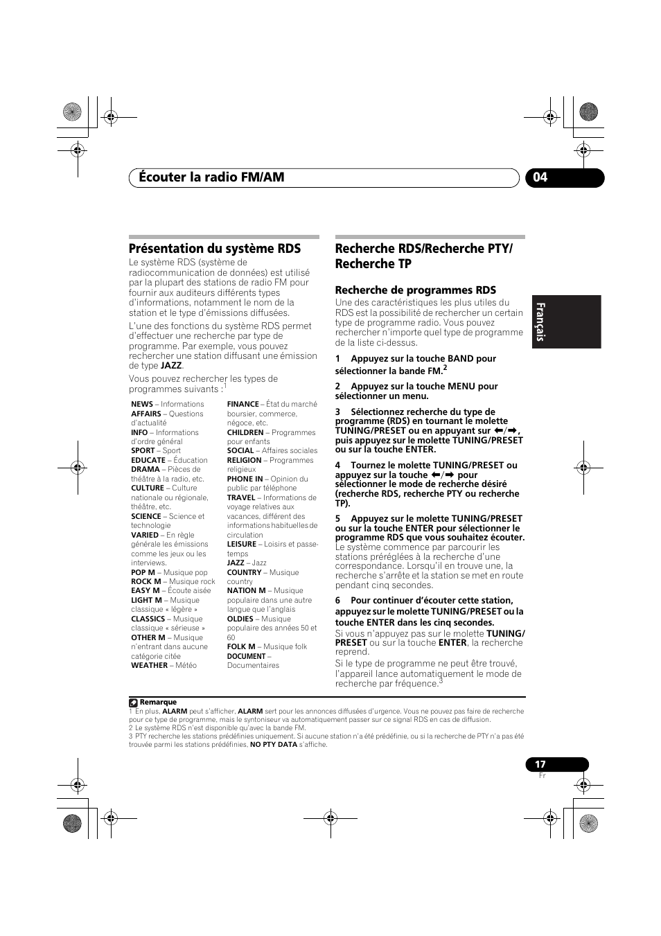 Présentation du système rds, Recherche rds/recherche pty/recherche tp, Écouter la radio fm/am 04 | Recherche rds/recherche pty/ recherche tp | Pioneer F-F3MK2-K User Manual | Page 39 / 156