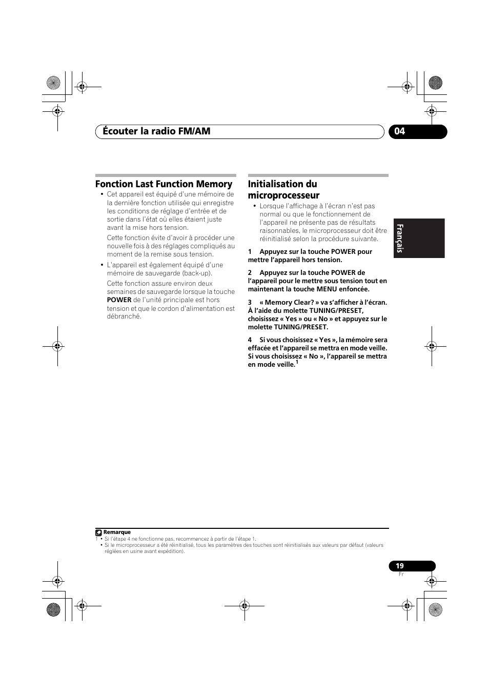 Fonction last function memory, Initialisation du microprocesseur, Écouter la radio fm/am 04 | Pioneer F-F3MK2-K User Manual | Page 41 / 156