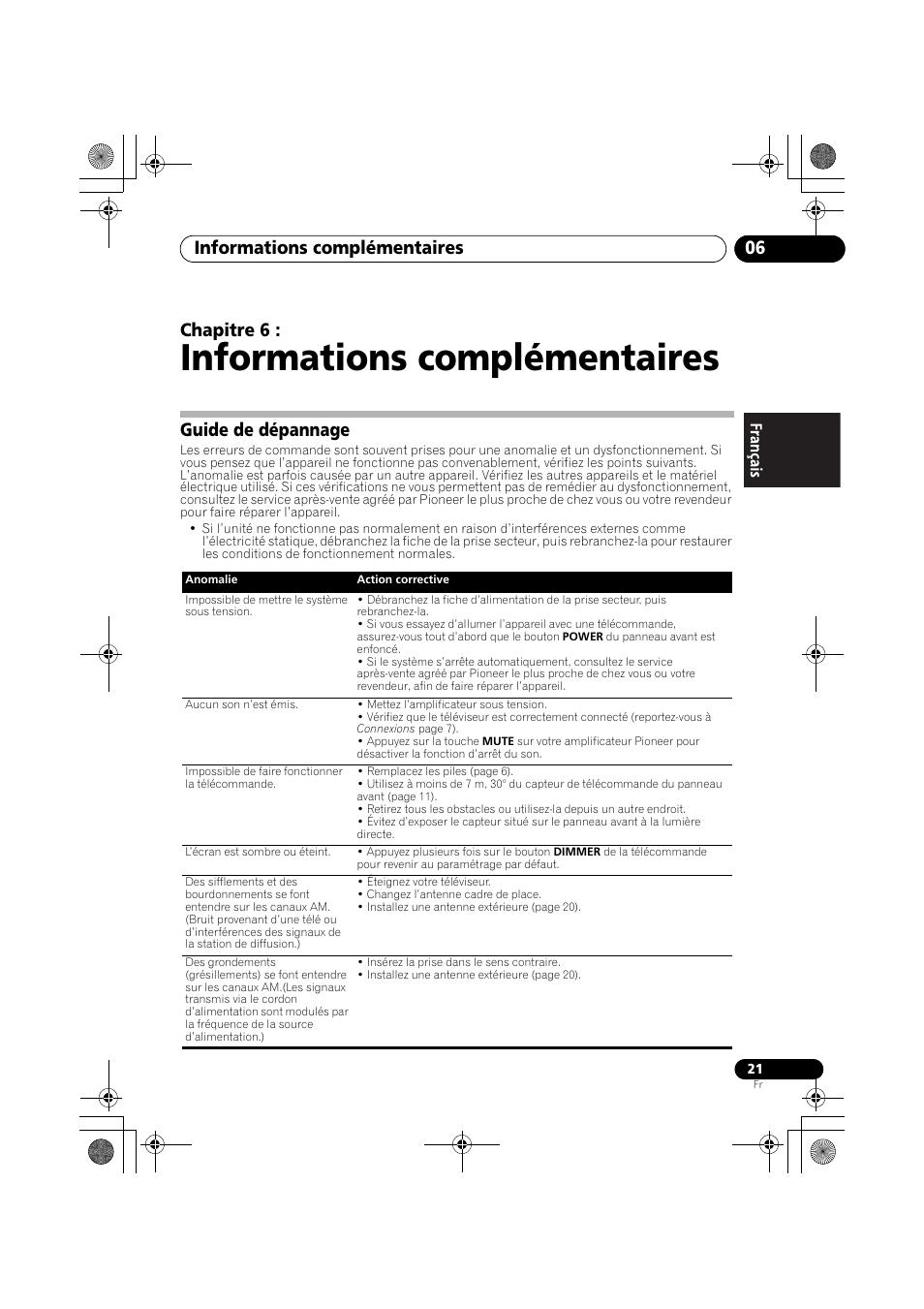 Guide de dépannage, Informations complémentaires, Informations complémentaires 06 | Chapitre 6 | Pioneer F-F3MK2-K User Manual | Page 43 / 156