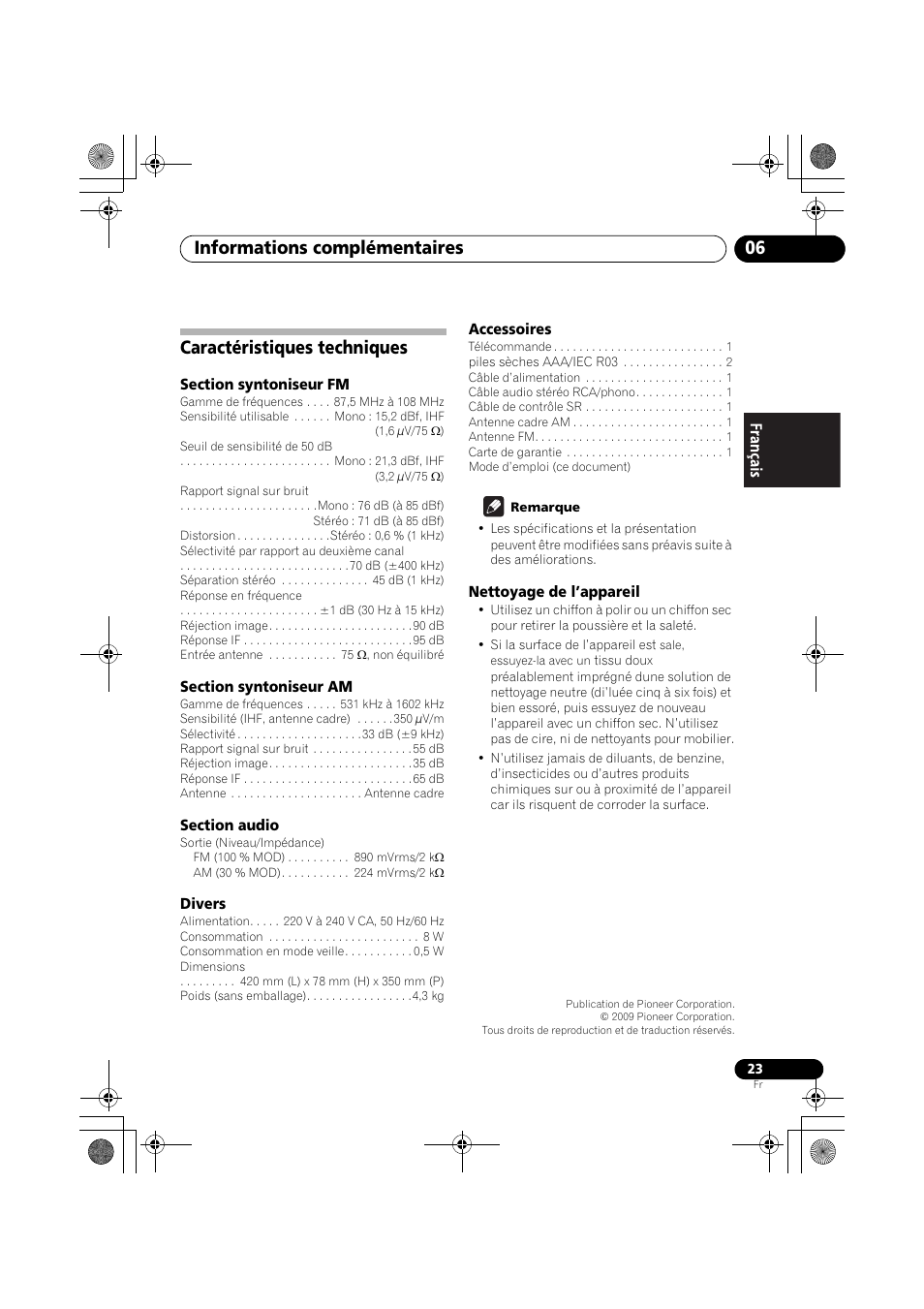 Caractéristiques techniques, Informations complémentaires 06 | Pioneer F-F3MK2-K User Manual | Page 45 / 156