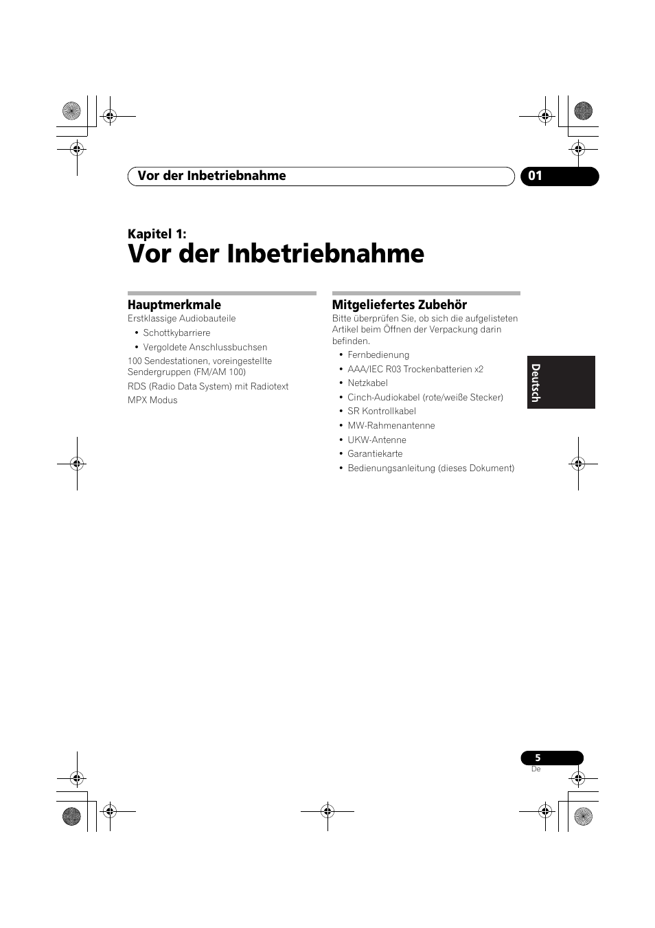 Hauptmerkmale, Mitgeliefertes zubehör, Vor der inbetriebnahme | Vor der inbetriebnahme 01, Kapitel 1 | Pioneer F-F3MK2-K User Manual | Page 49 / 156