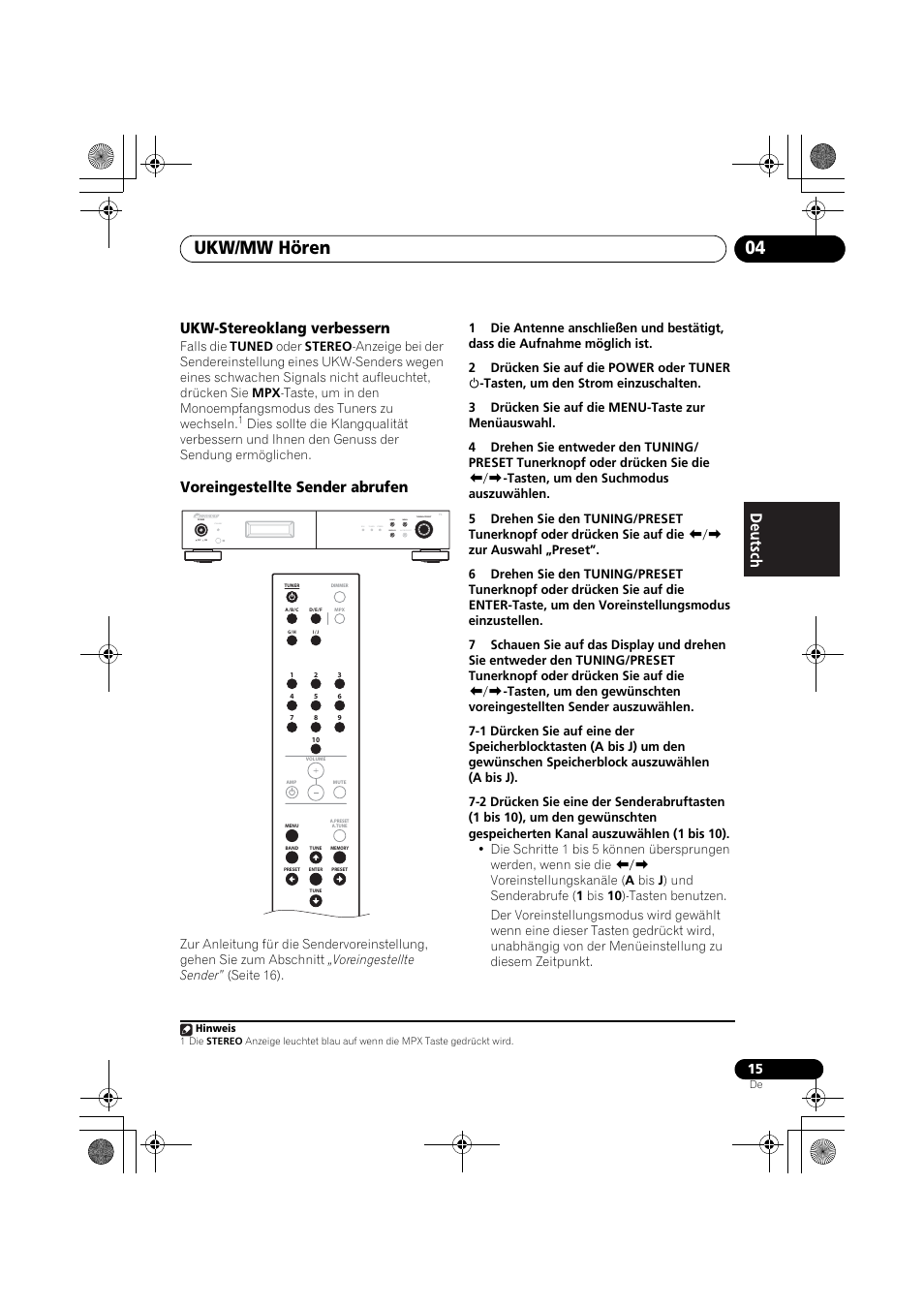 Ukw/mw hören 04, Ukw-stereoklang verbessern, Voreingestellte sender abrufen | Standby, Rds tuned stereo band display auto preset menu | Pioneer F-F3MK2-K User Manual | Page 59 / 156