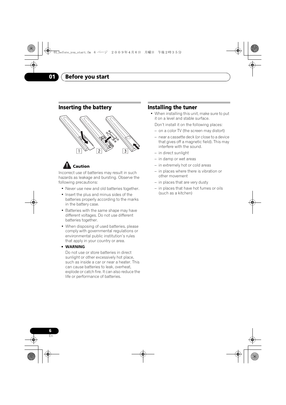 Installing the tuner, Before you start 01, Inserting the battery | Pioneer F-F3MK2-K User Manual | Page 6 / 156