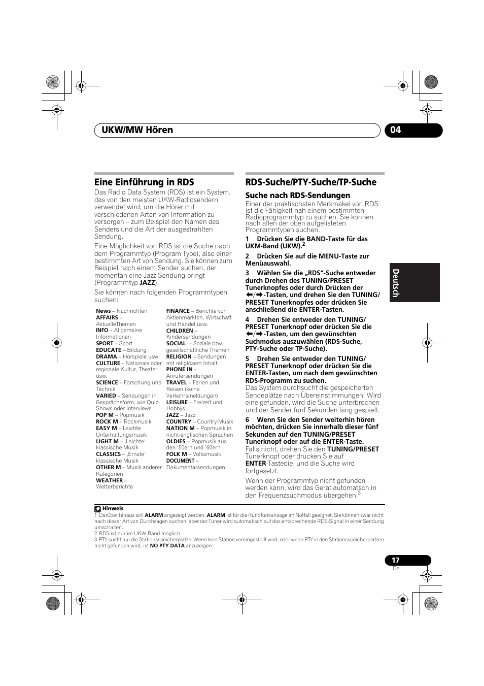 Eine einführung in rds, Rds-suche/pty-suche/tp-suche, Ukw/mw hören 04 | Pioneer F-F3MK2-K User Manual | Page 61 / 156