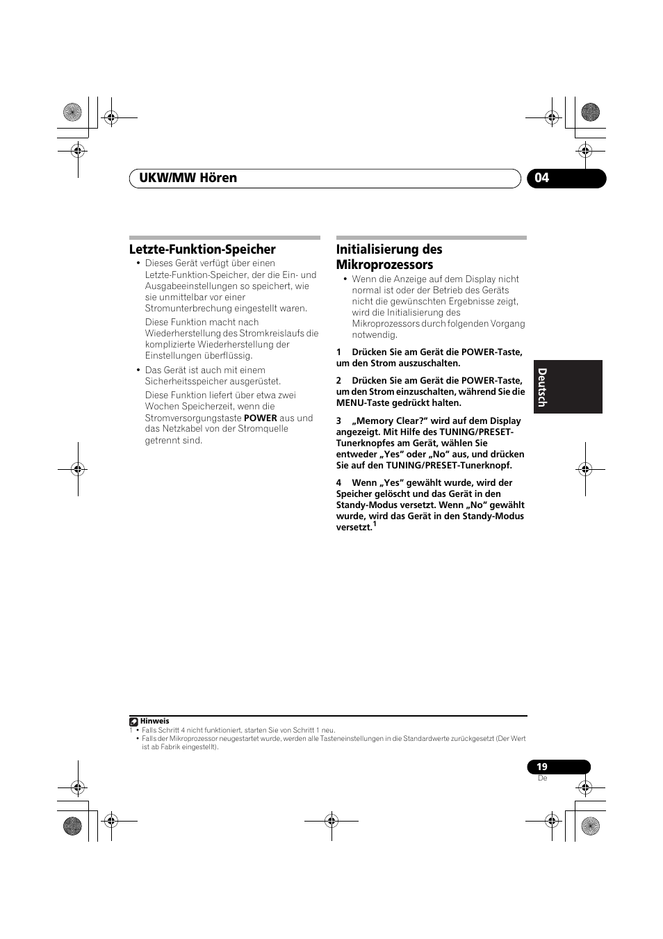 Letzte-funktion-speicher, Initialisierung des mikroprozessors, Ukw/mw hören 04 | Pioneer F-F3MK2-K User Manual | Page 63 / 156