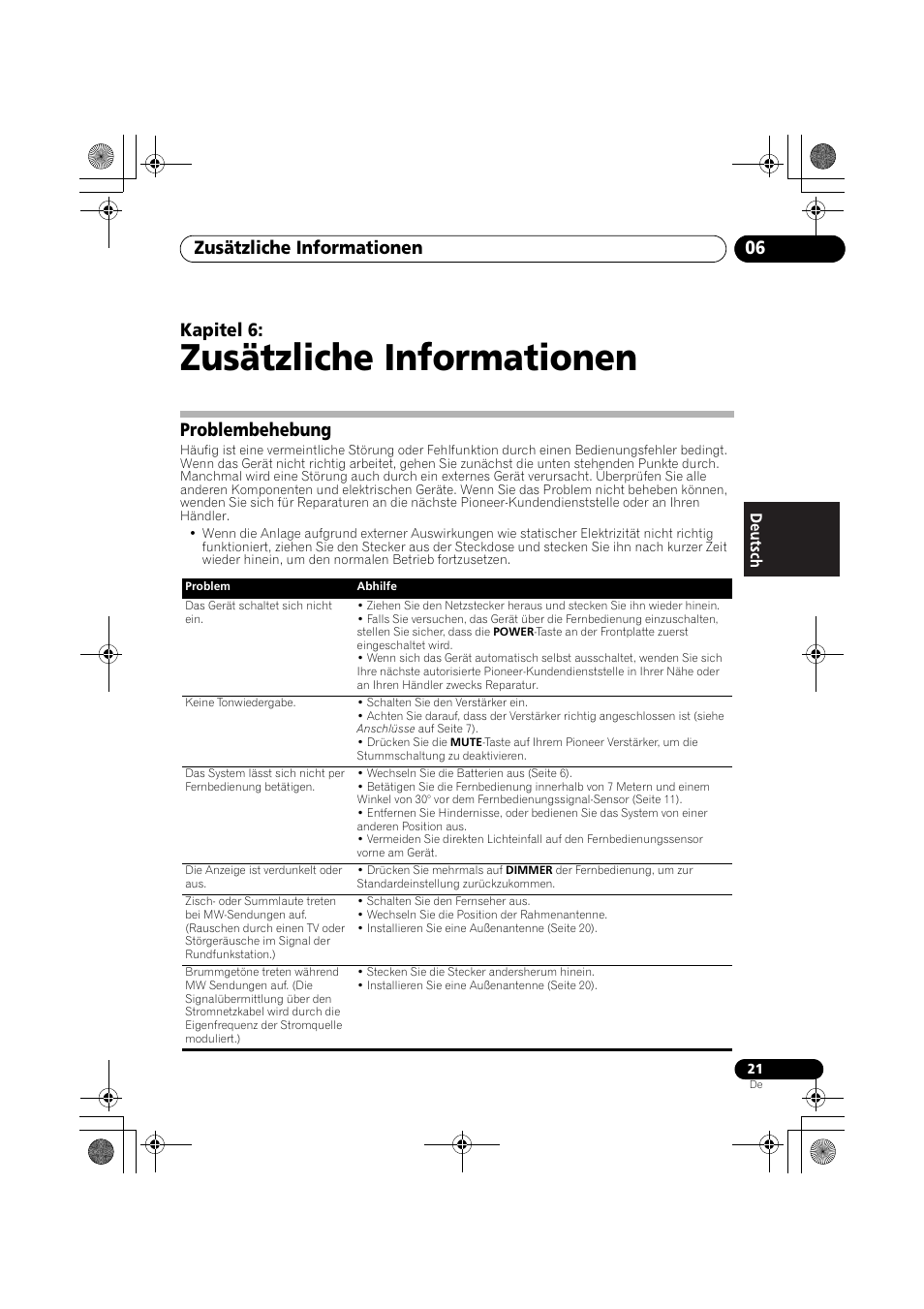 Problembehebung, Zusätzliche informationen, Zusätzliche informationen 06 | Kapitel 6 | Pioneer F-F3MK2-K User Manual | Page 65 / 156