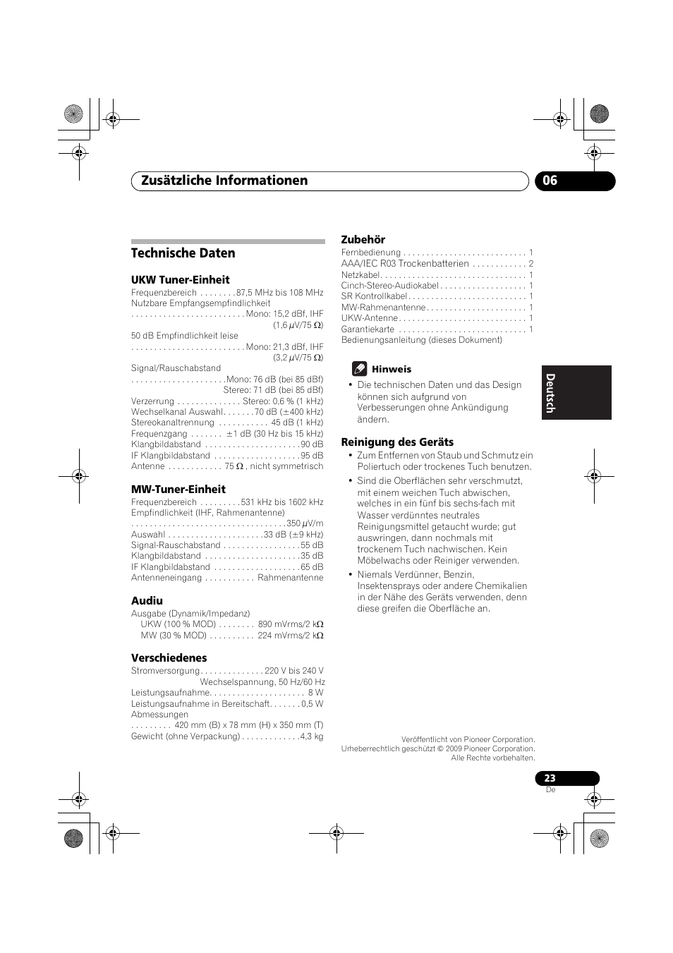 Technische daten, Zusätzliche informationen 06 | Pioneer F-F3MK2-K User Manual | Page 67 / 156