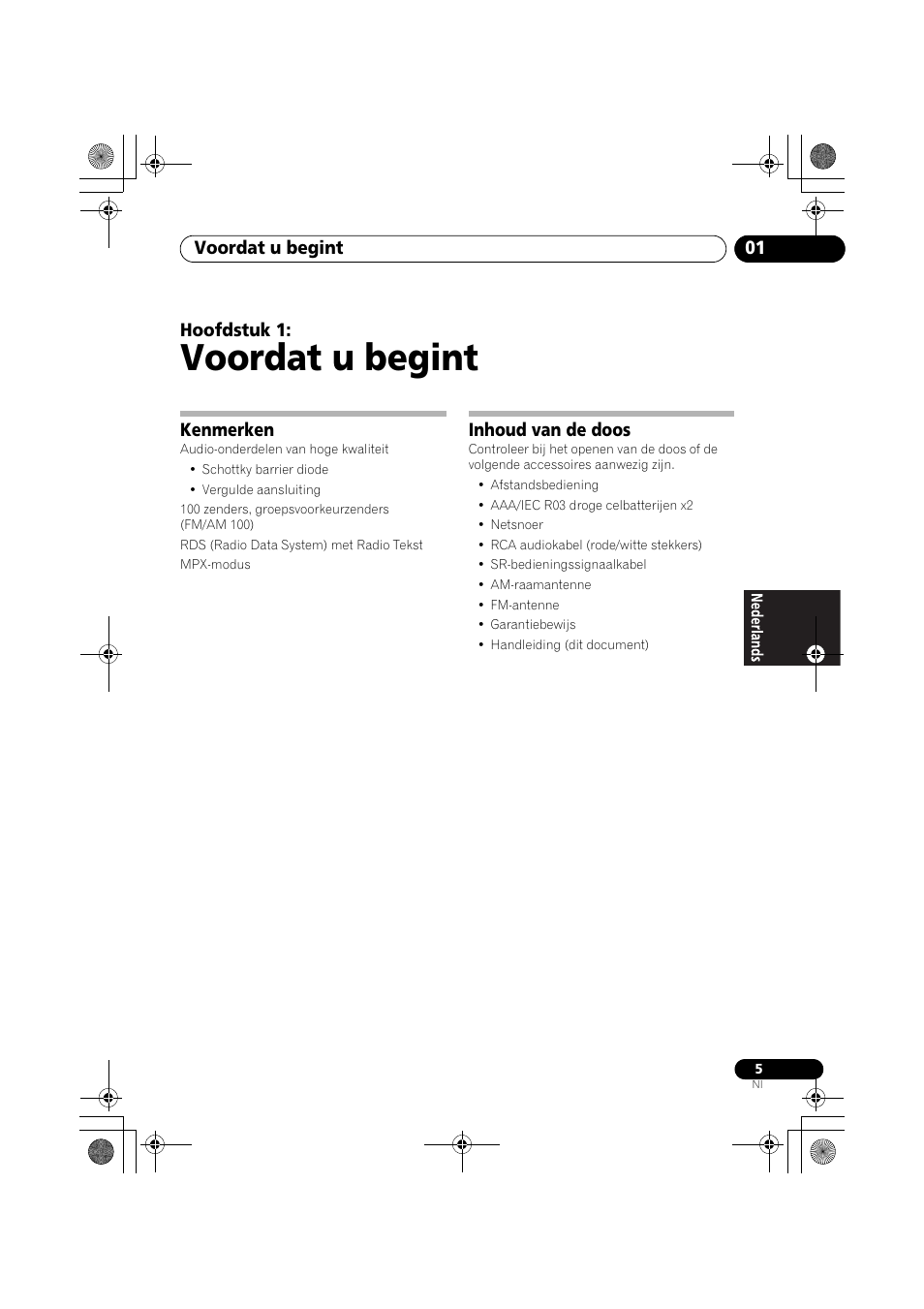 Kenmerken, Inhoud van de doos, Voordat u begint | Voordat u begint 01, Hoofdstuk 1 | Pioneer F-F3MK2-K User Manual | Page 71 / 156