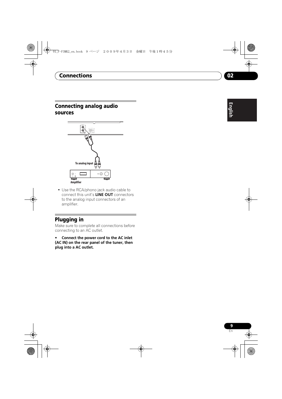 Connecting analog audio sources, Plugging in, Connections 02 | Pioneer F-F3MK2-K User Manual | Page 9 / 156