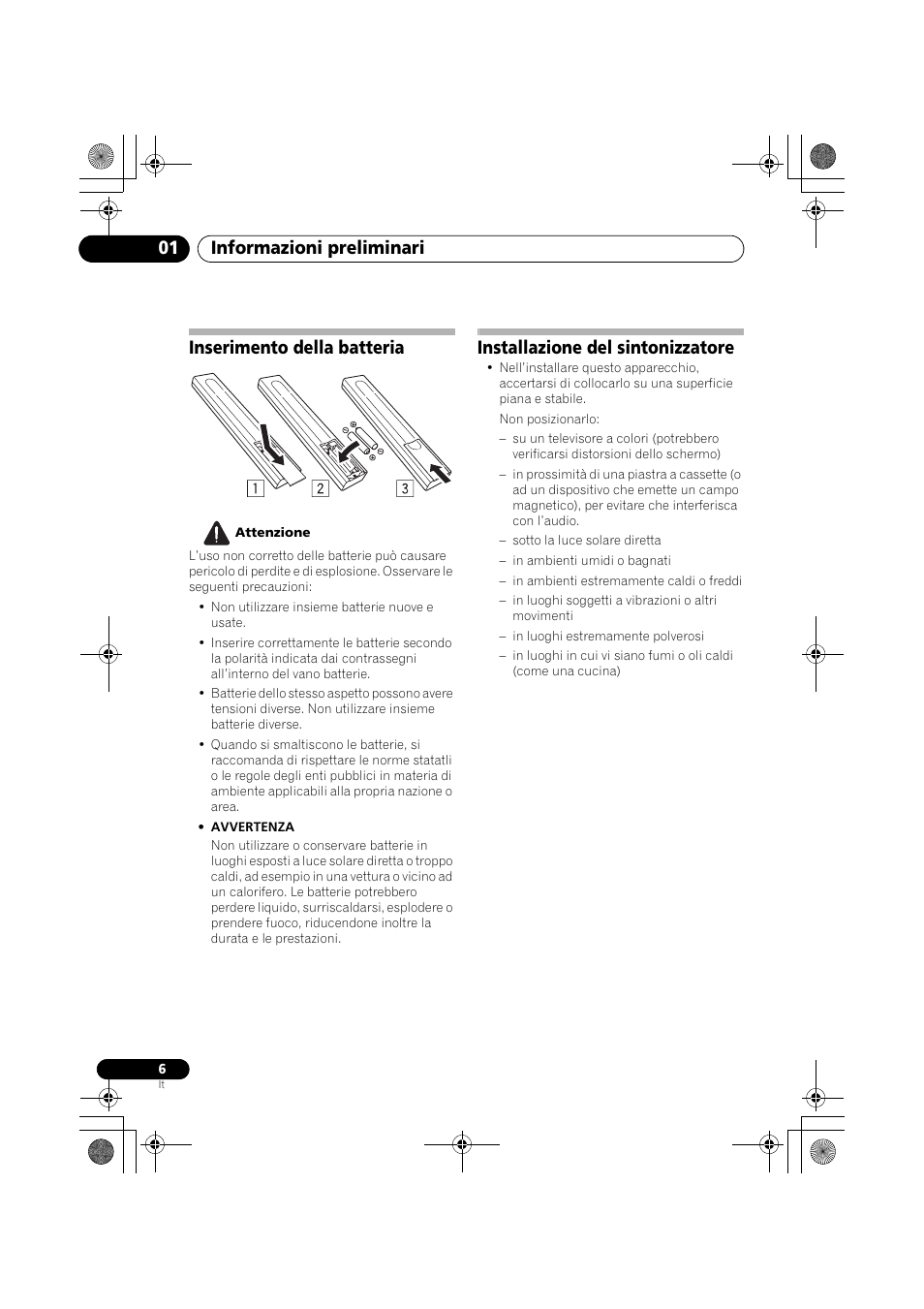 Inserimento della batteria, Installazione del sintonizzatore, Informazioni preliminari 01 | Pioneer F-F3MK2-K User Manual | Page 94 / 156