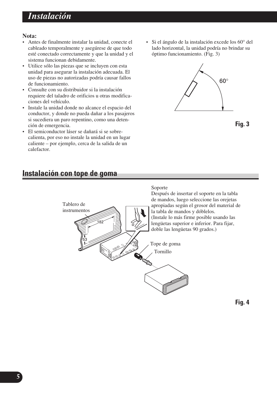 A title (english), Instalación, Instalación con tope de goma | Pioneer DEH-P7400MP User Manual | Page 14 / 52