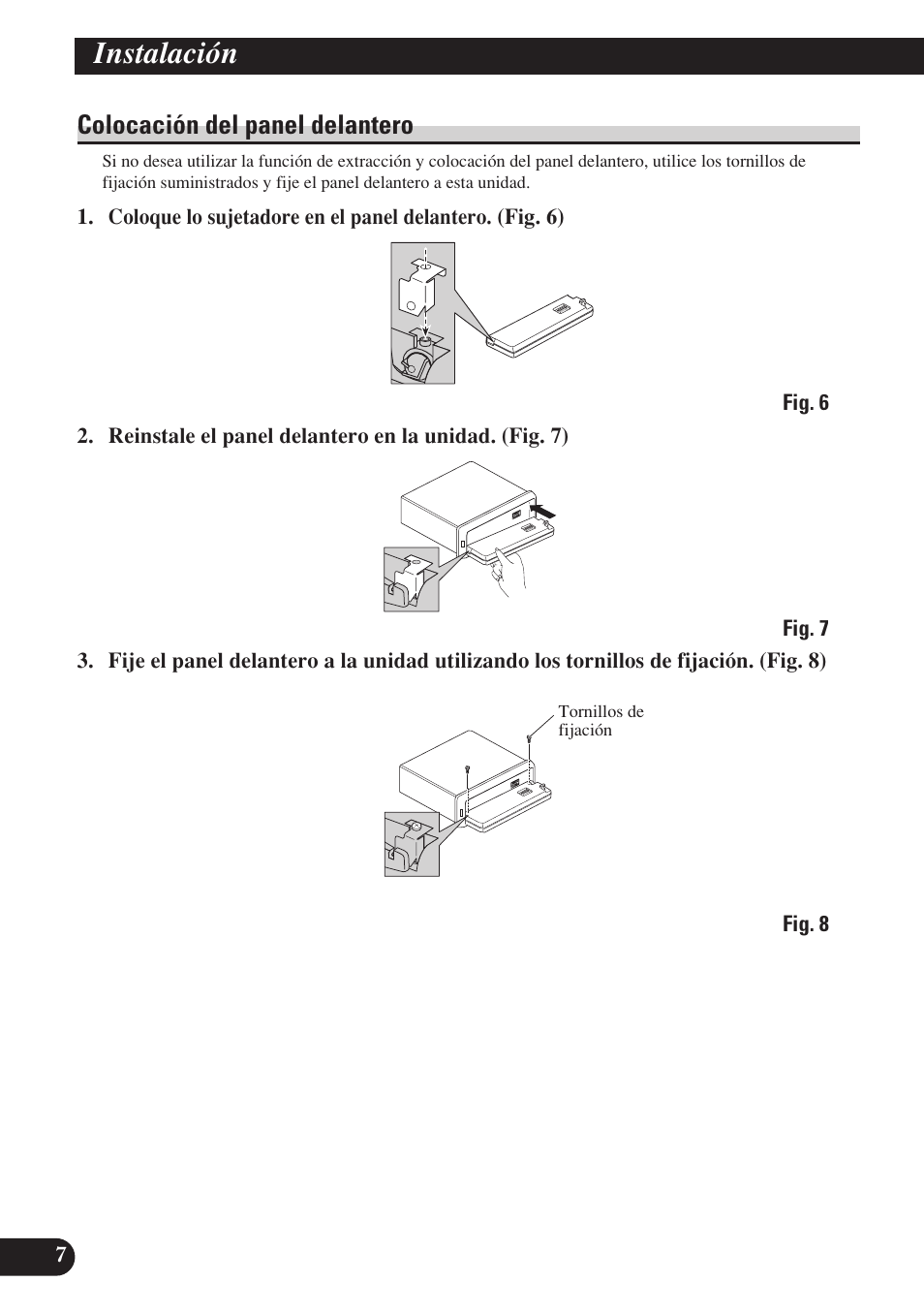 A title (english), Instalación, Colocación del panel delantero | Pioneer DEH-P7400MP User Manual | Page 16 / 52