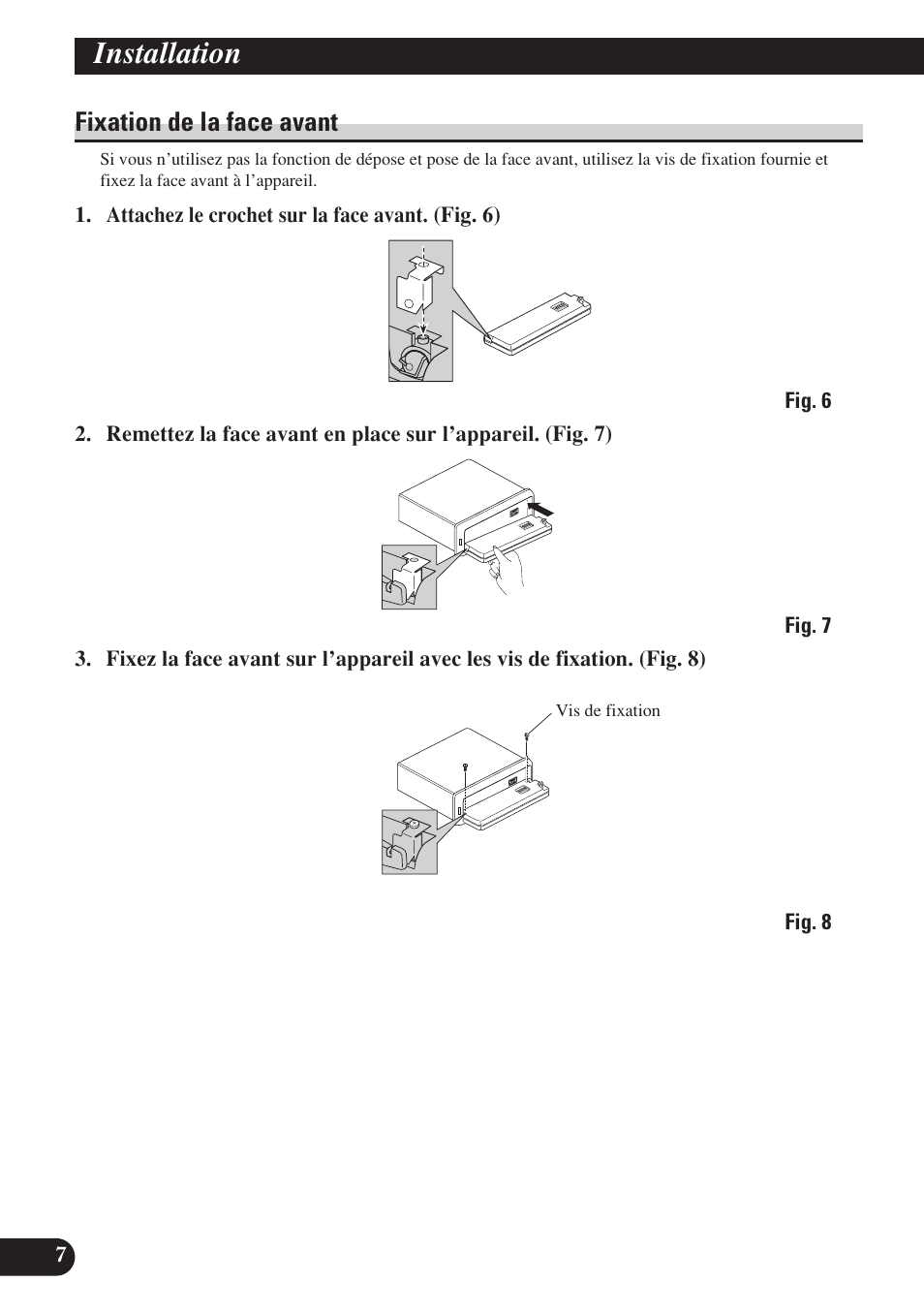 A title (english), Installation, Fixation de la face avant | Pioneer DEH-P7400MP User Manual | Page 32 / 52