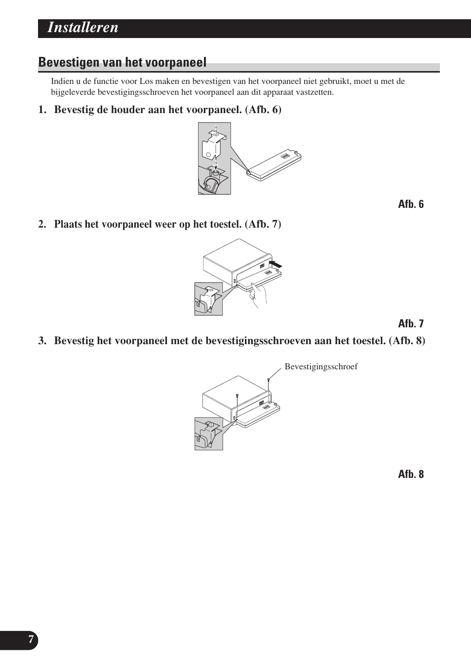 A title (english), Installeren, Bevestigen van het voorpaneel | Pioneer DEH-P7400MP User Manual | Page 48 / 52