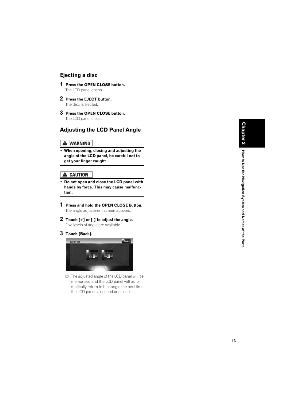 Ejecting a disc 13, Adjusting the lcd panel angle 13, Ejecting a disc | Adjusting the lcd panel angle | Pioneer AVIC-HD1BT User Manual | Page 15 / 25