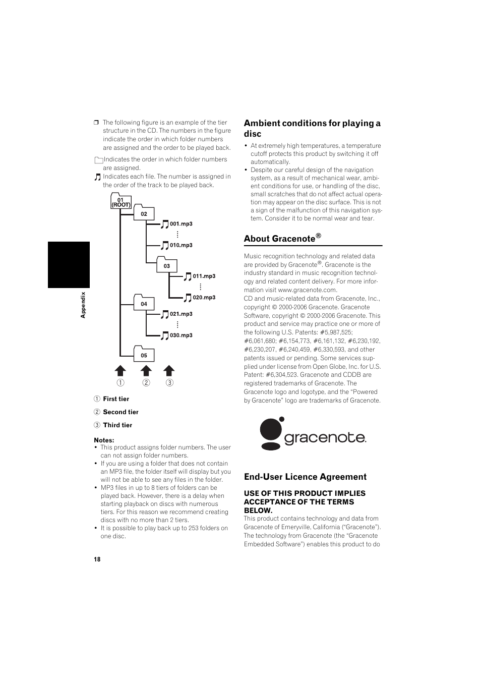 Ambient conditions for playing a disc 18, About gracenote® 18, End-user licence agreement 18 | Ambient conditions for playing a disc, End-user licence agreement | Pioneer AVIC-HD1BT User Manual | Page 20 / 25