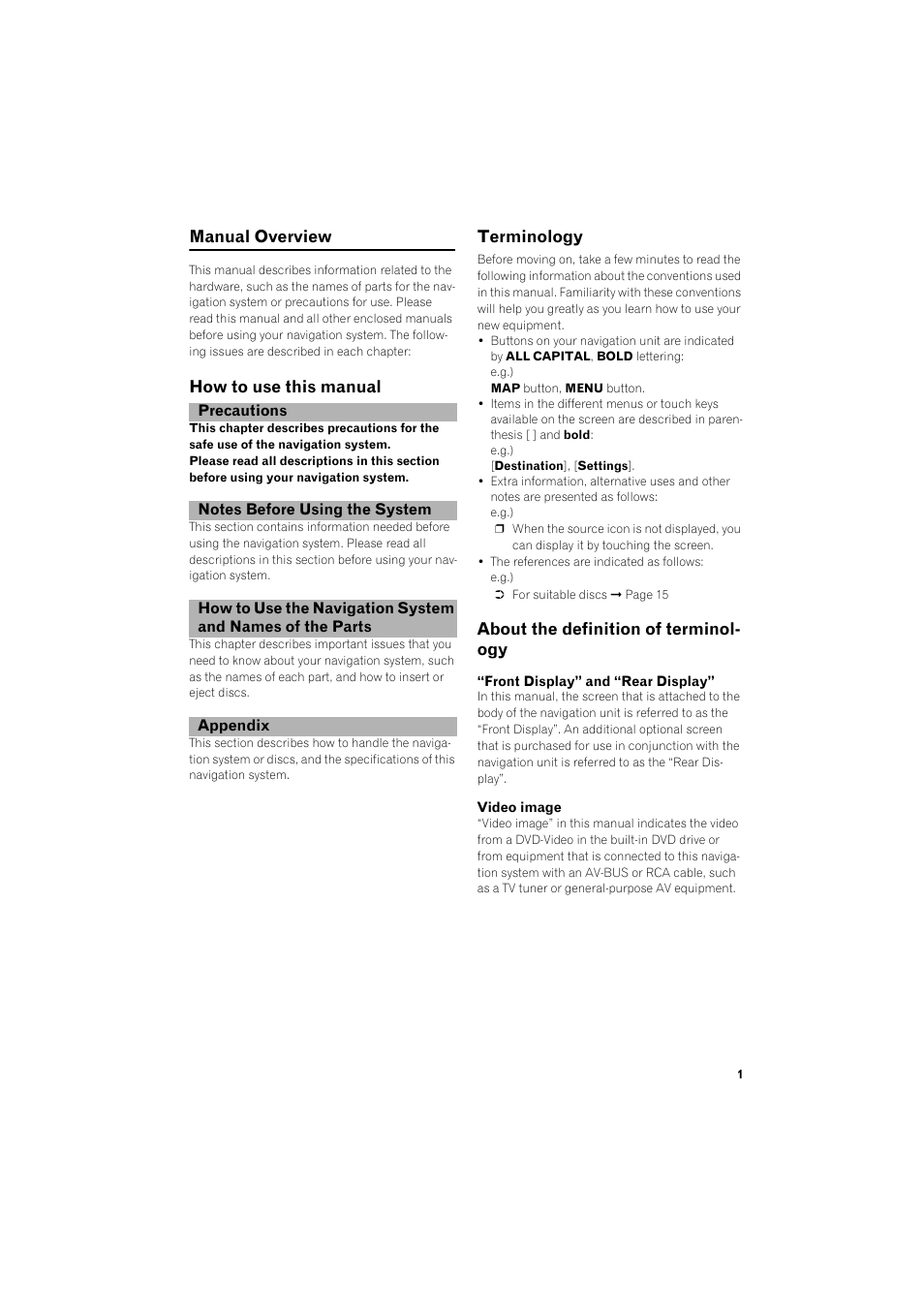 Manual overview 1, How to use this manual 1, Terminology 1 | About the definition of terminology 1, Manual overview, How to use this manual terminology, About the definition of terminol- ogy | Pioneer AVIC-HD1BT User Manual | Page 3 / 25